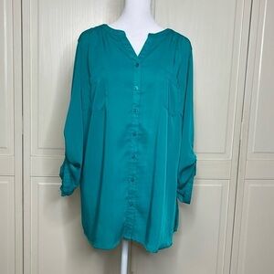 Laura Scott Woman Teal Blouse Tunic Size 3X Button Down Collarless Top Plus